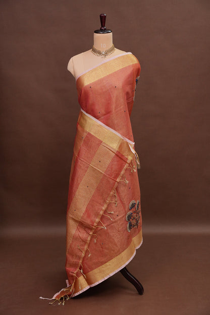 Hand Embroidered Pure Tissue Linen Silk Saree - Dark Peach
