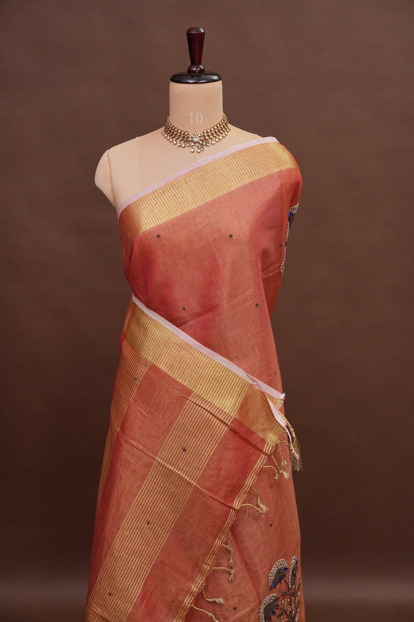 Hand Embroidered Pure Tissue Linen Silk Saree - Dark Peach