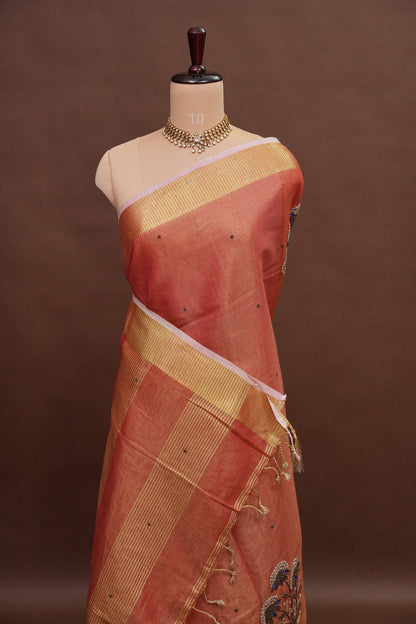 Hand Embroidered Pure Tissue Linen Silk Saree - Dark Peach