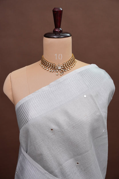 Hand Embroidered Pure Tissue Linen Silk Saree - White silver