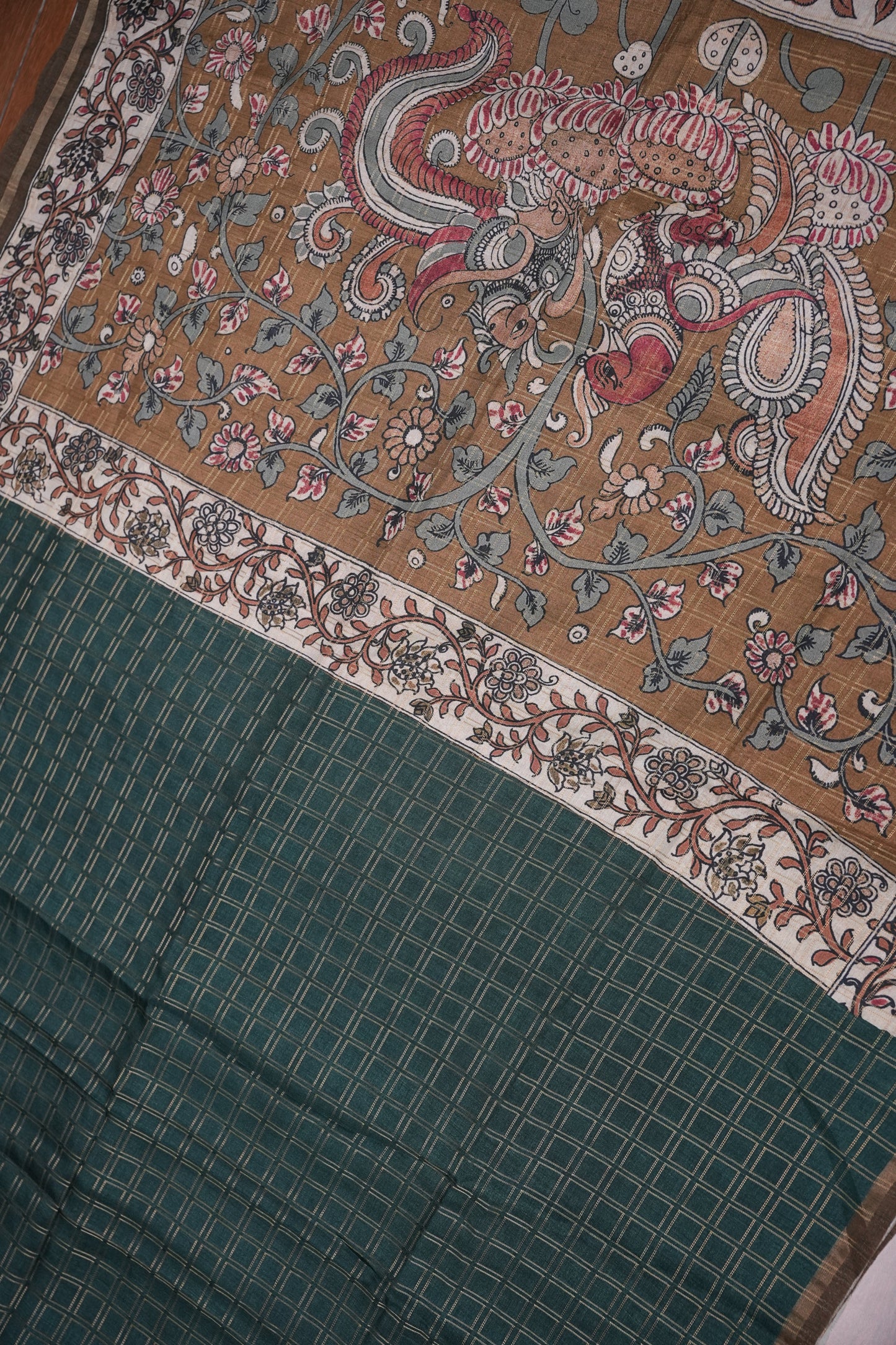 Semi Tussar Raw Silk Saree with Checkered Body & Kalamkari Pallu and Blouse – Deep Teal Green