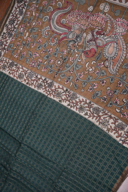 Semi Tussar Raw Silk Saree with Checkered Body & Kalamkari Pallu and Blouse – Deep Teal Green