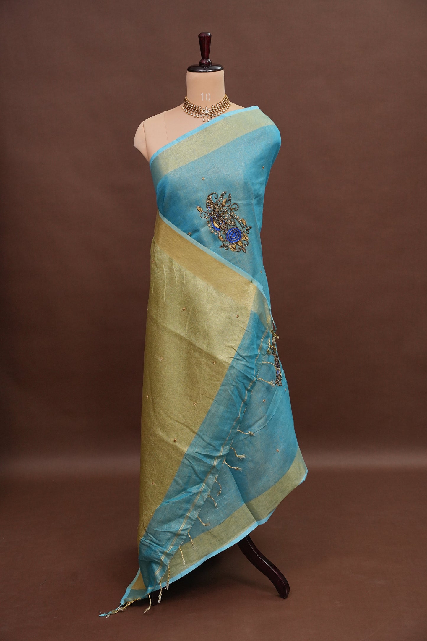 Hand Embroidered Pure Tissue Linen Silk Saree - Sky Blue & Gold