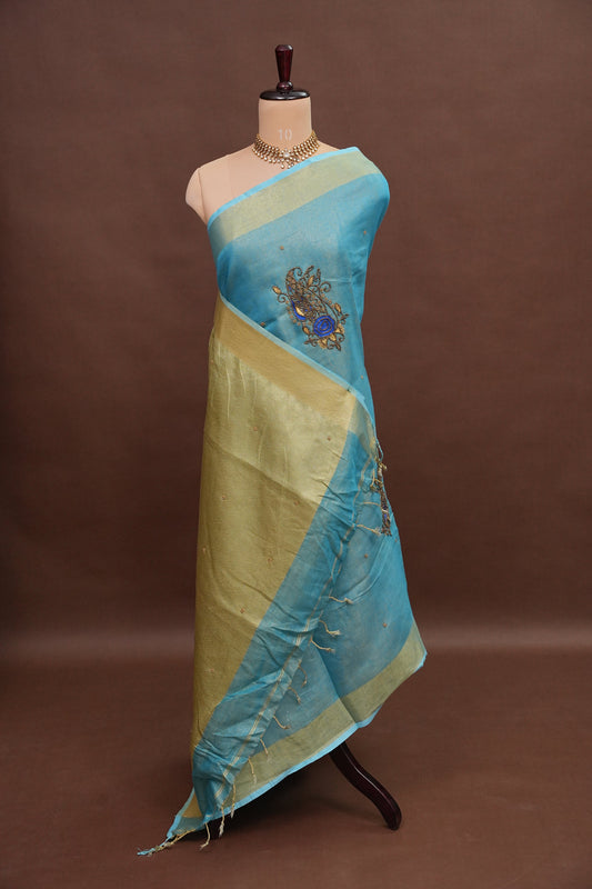 Hand Embroidered Pure Tissue Linen Silk Saree - Sky Blue & Gold