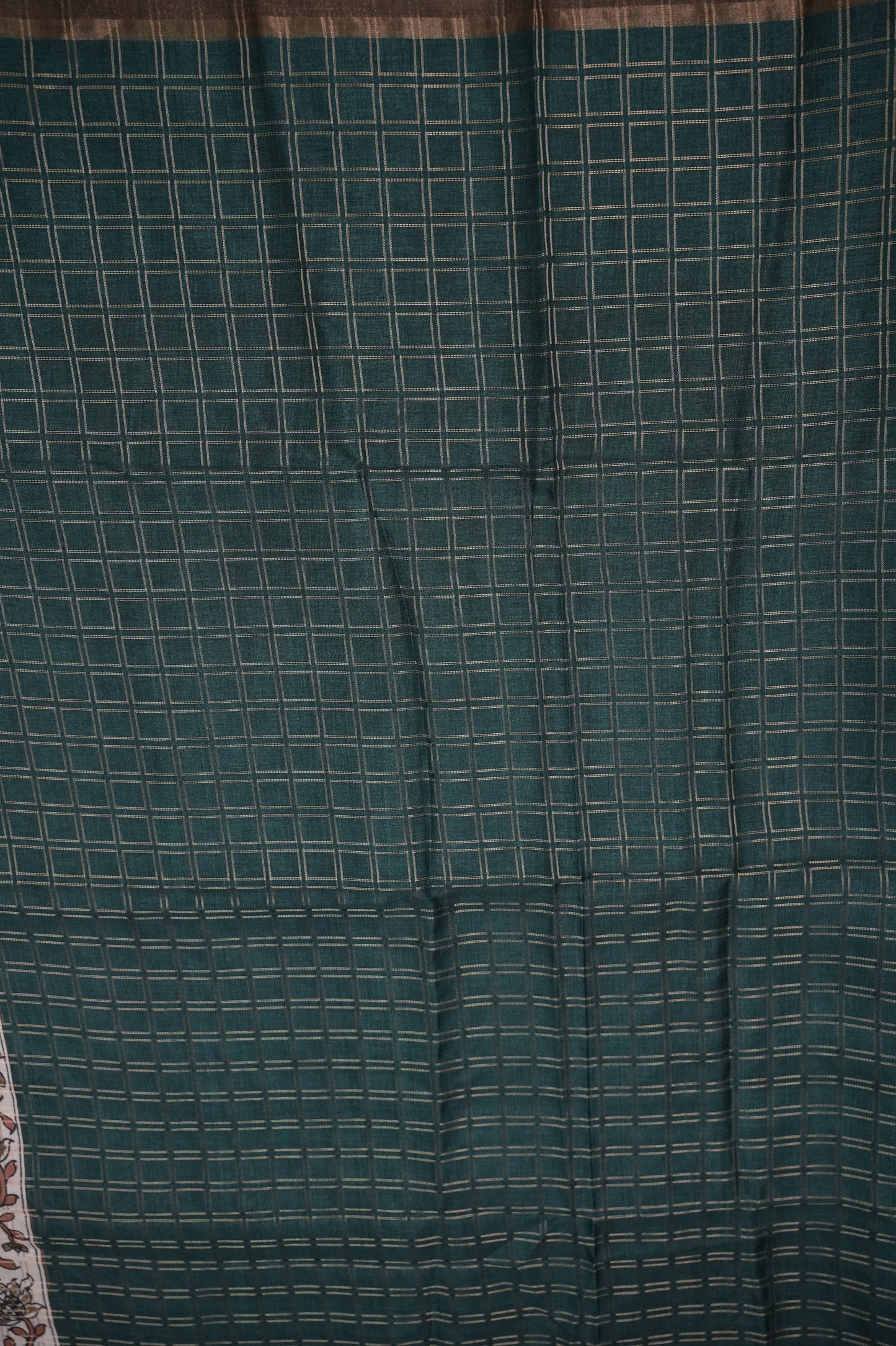 Semi Tussar Raw Silk Saree with Checkered Body & Kalamkari Pallu and Blouse – Deep Teal Green