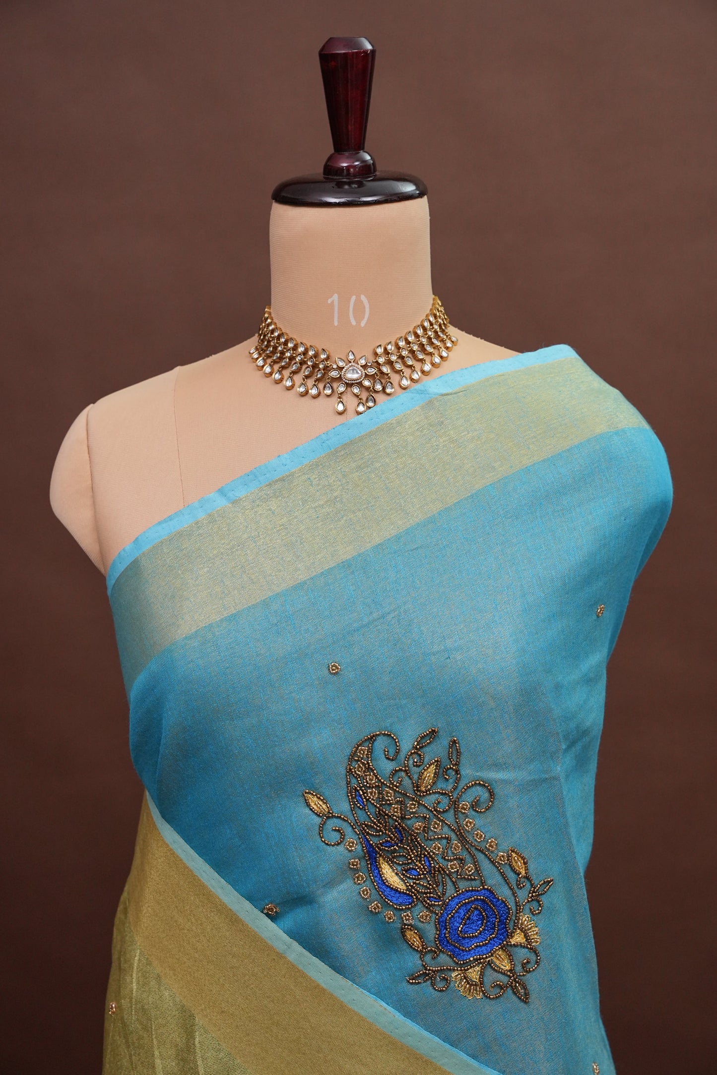 Hand Embroidered Pure Tissue Linen Silk Saree - Sky Blue & Gold