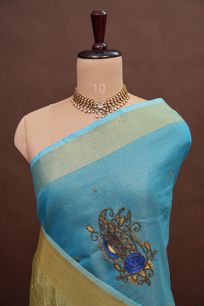 Hand Embroidered Pure Tissue Linen Silk Saree - Sky Blue & Gold