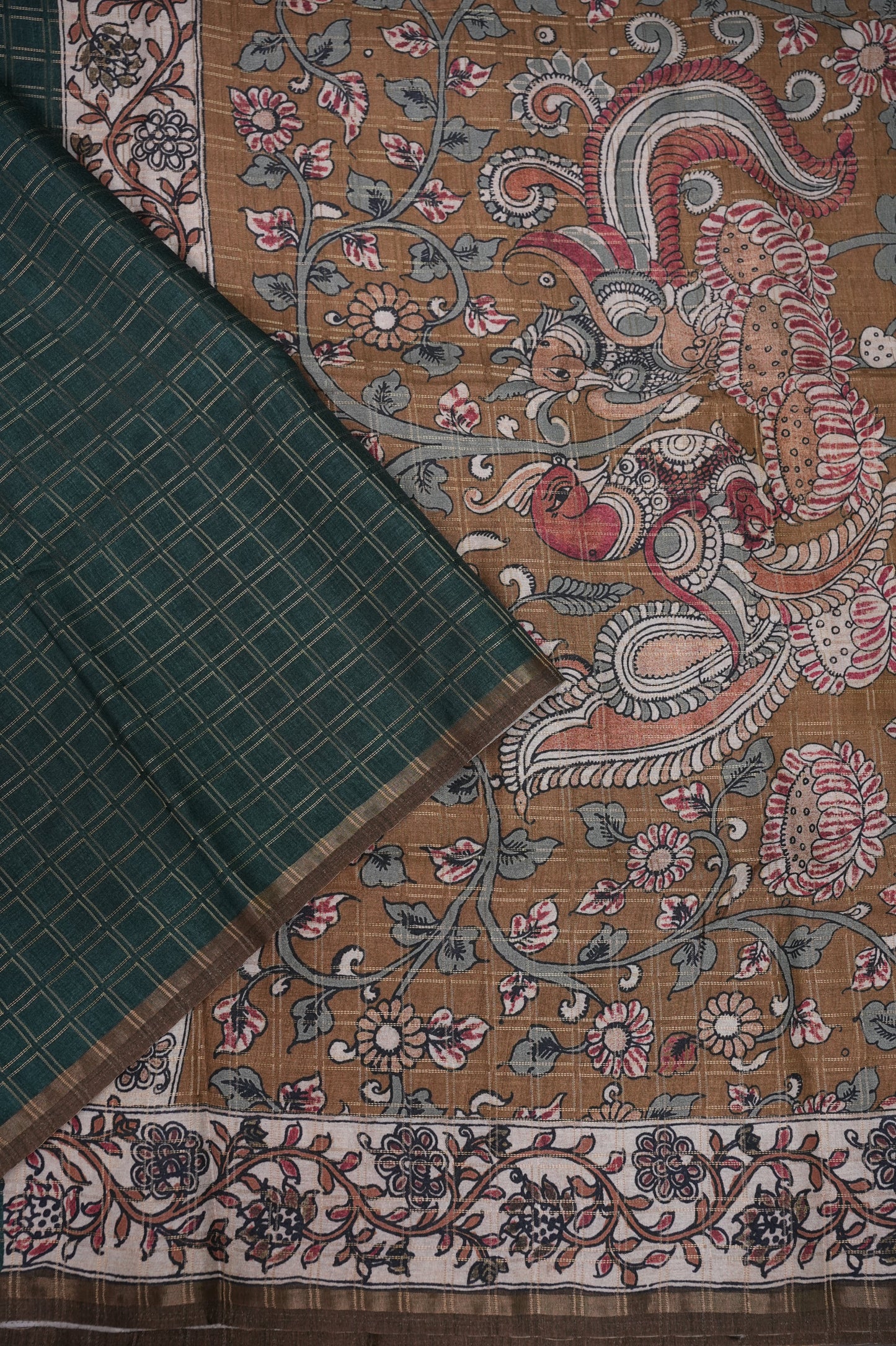 Semi Tussar Raw Silk Saree with Checkered Body & Kalamkari Pallu and Blouse – Deep Teal Green