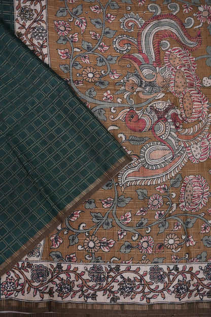 Semi Tussar Raw Silk Saree with Checkered Body & Kalamkari Pallu and Blouse – Deep Teal Green