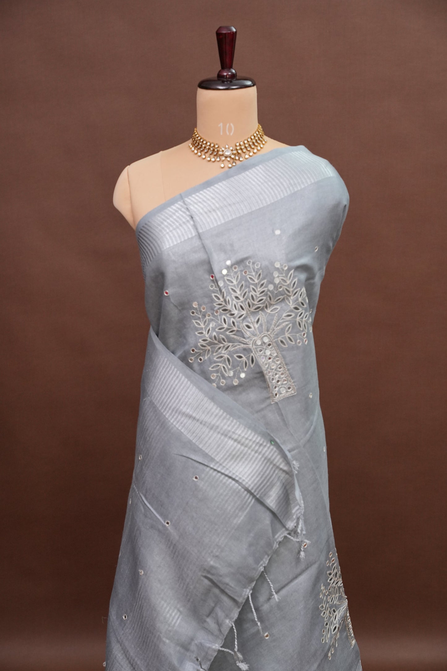 Hand Embroidered Pure Tissue Linen Silk Saree - Silver Grey