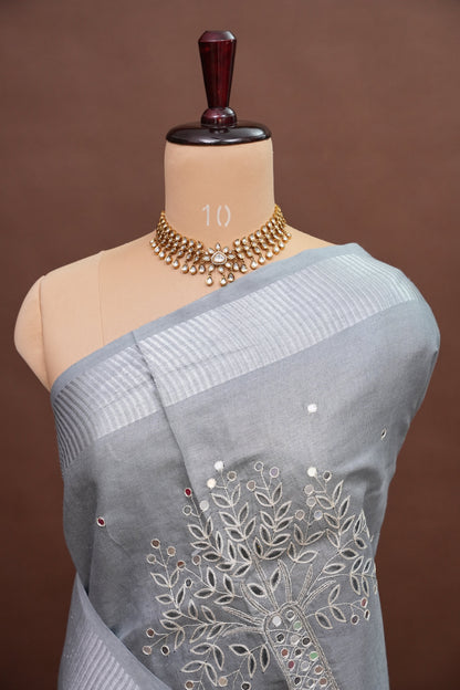Hand Embroidered Pure Tissue Linen Silk Saree - Silver Grey