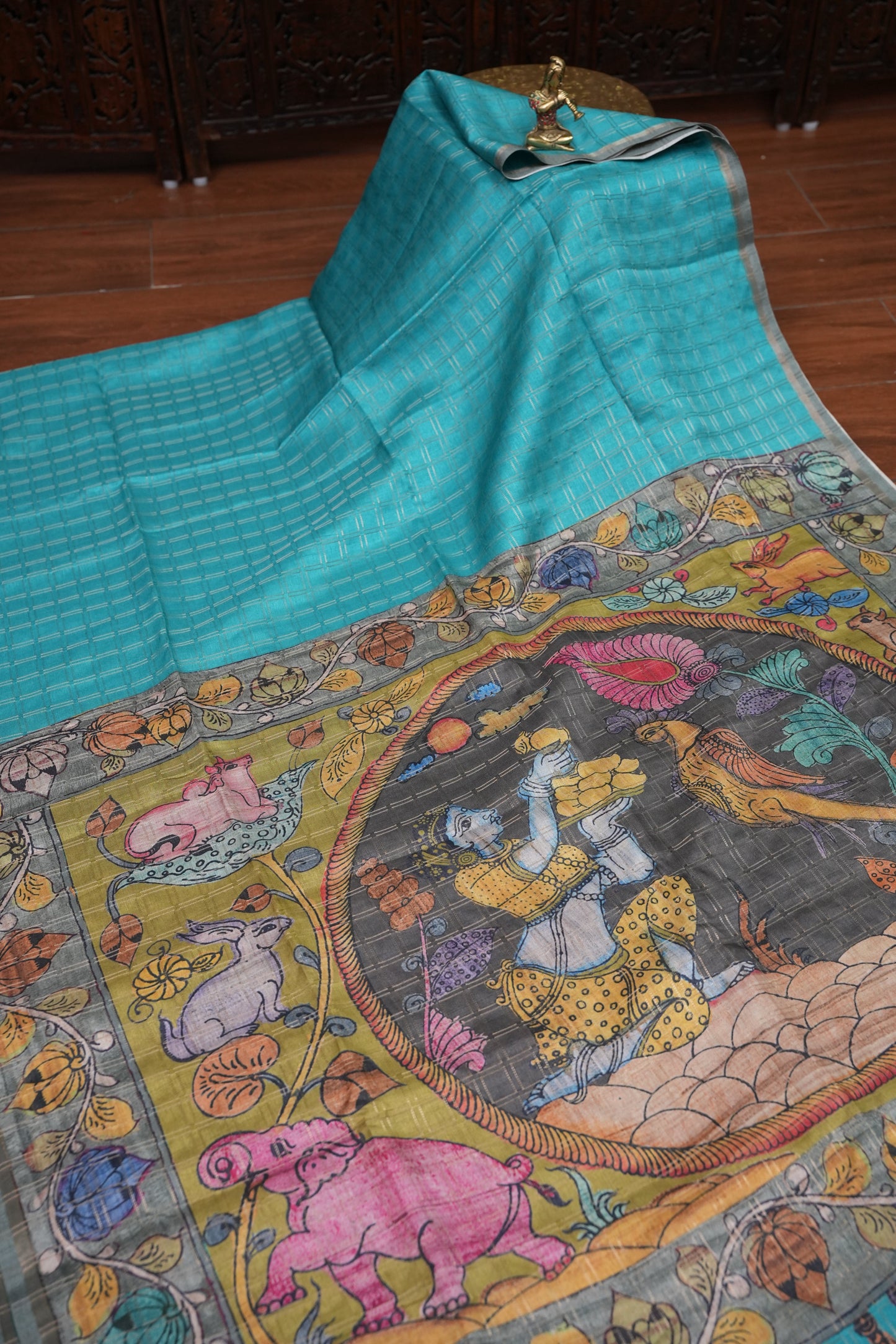 Semi Tussar Raw Silk Saree with Checkered Body & Kalamkari Pallu and Blouse – Dusty Pink