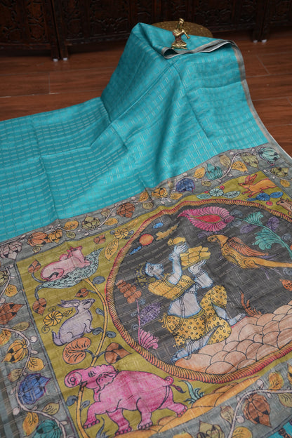 Semi Tussar Raw Silk Saree with Checkered Body & Kalamkari Pallu and Blouse – Dusty Pink