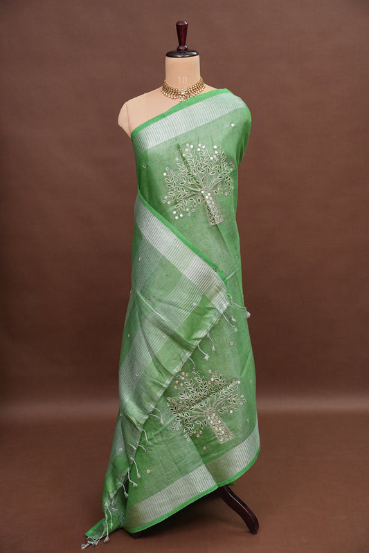 Hand Embroidered Pure Tissue Linen Silk Saree - Leaf Green