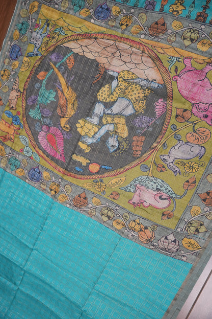 Semi Tussar Raw Silk Saree with Checkered Body & Kalamkari Pallu and Blouse – Dusty Pink