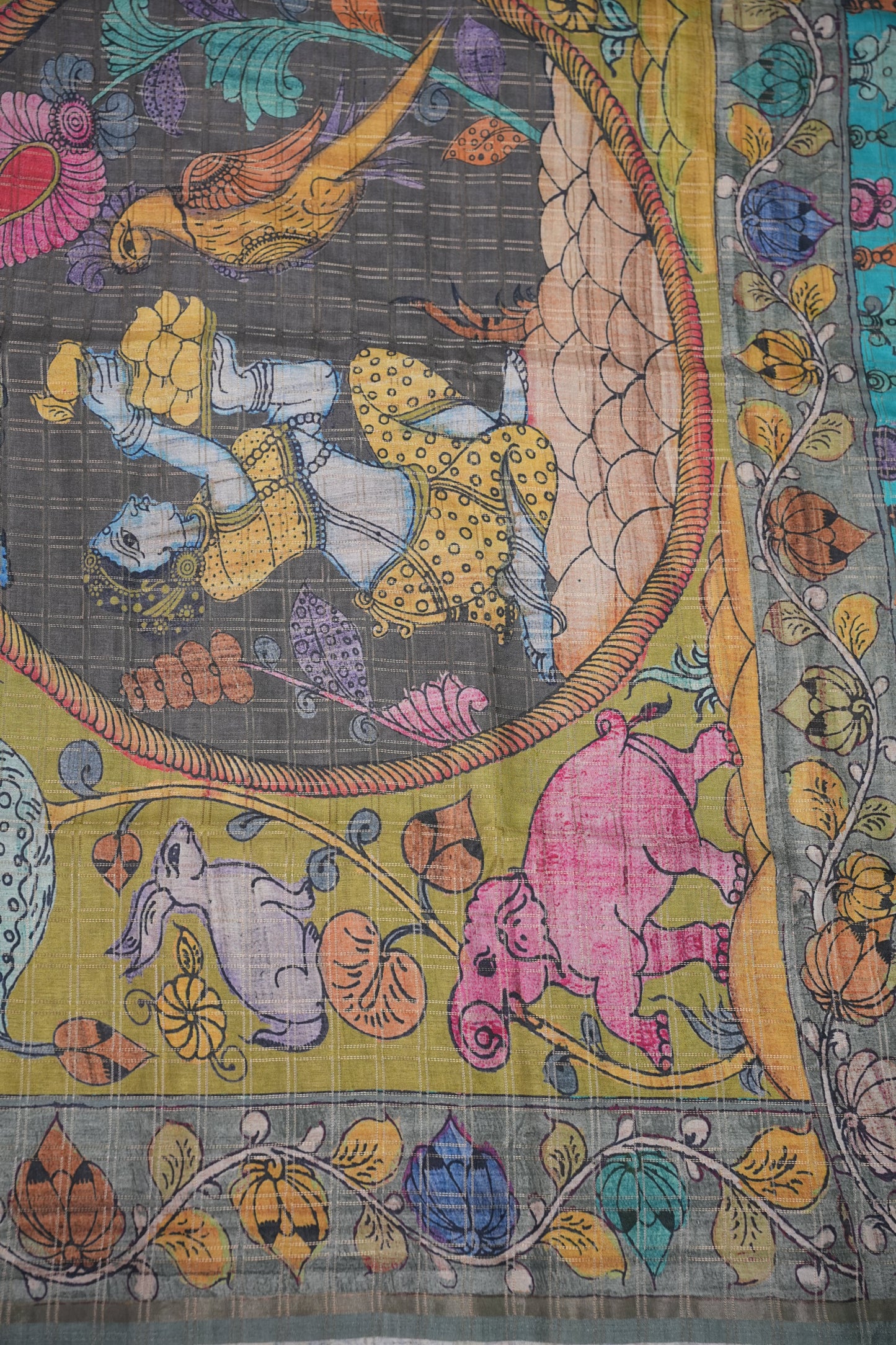 Semi Tussar Raw Silk Saree with Checkered Body & Kalamkari Pallu and Blouse – Dusty Pink