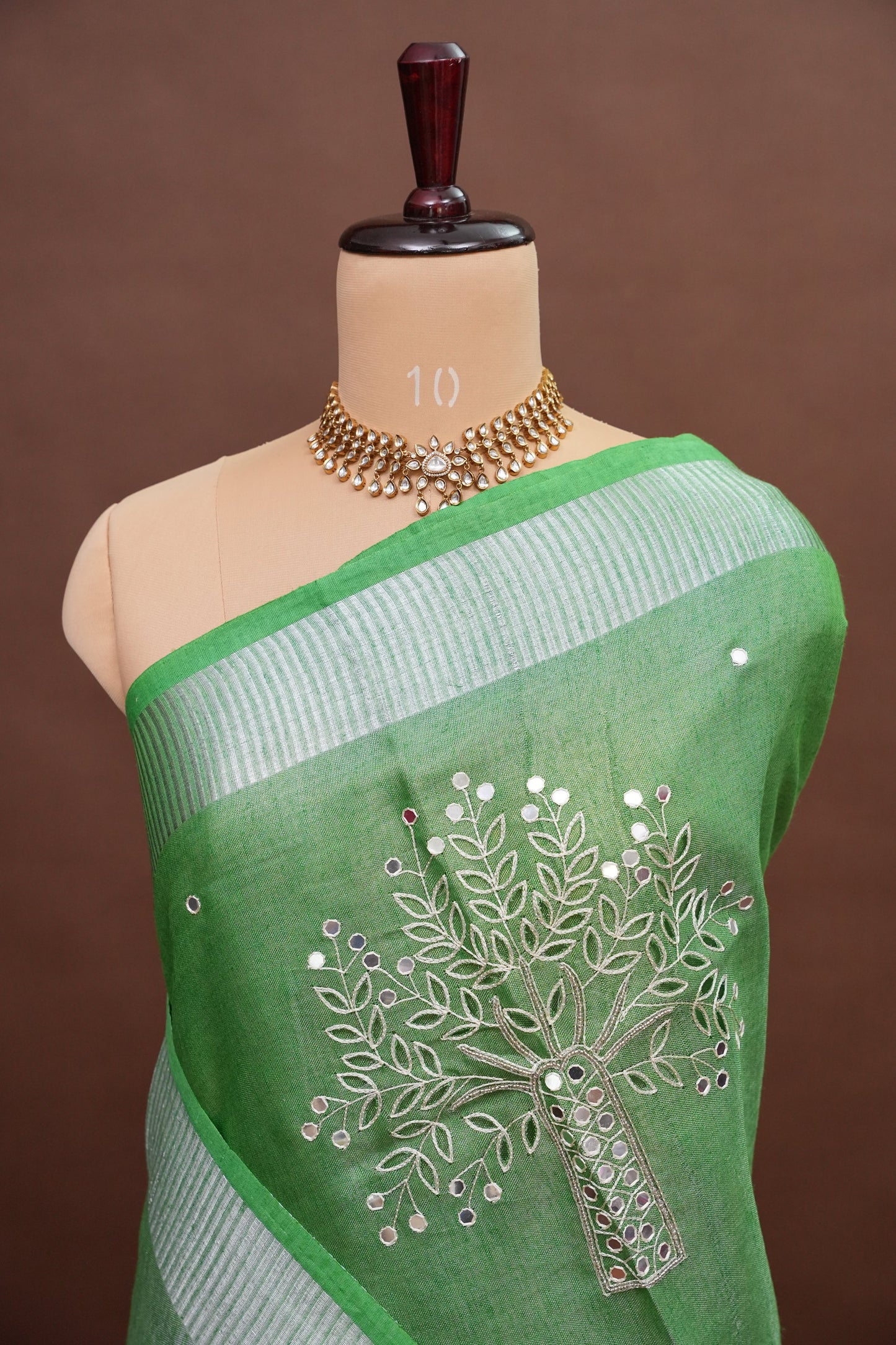 Hand Embroidered Pure Tissue Linen Silk Saree - Leaf Green