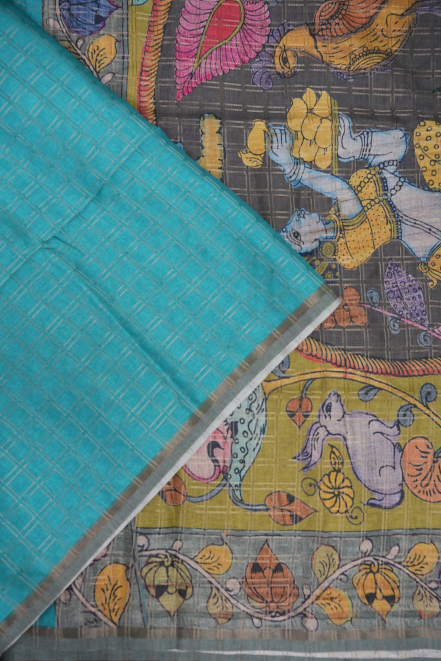 Semi Tussar Raw Silk Saree with Checkered Body & Kalamkari Pallu and Blouse – Dusty Pink