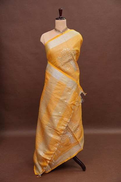 Hand Embroidered Pure Tissue Linen Silk Saree - Yellow