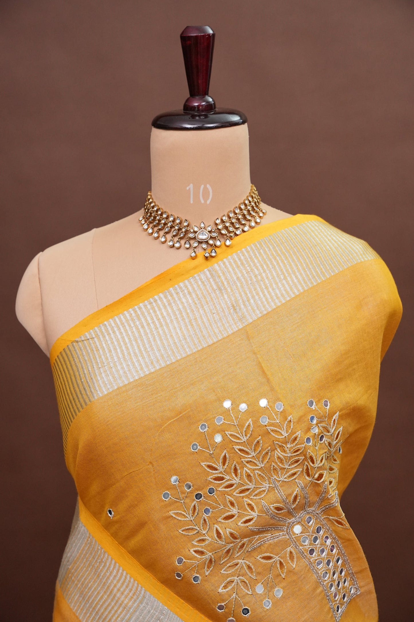 Hand Embroidered Pure Tissue Linen Silk Saree - Yellow