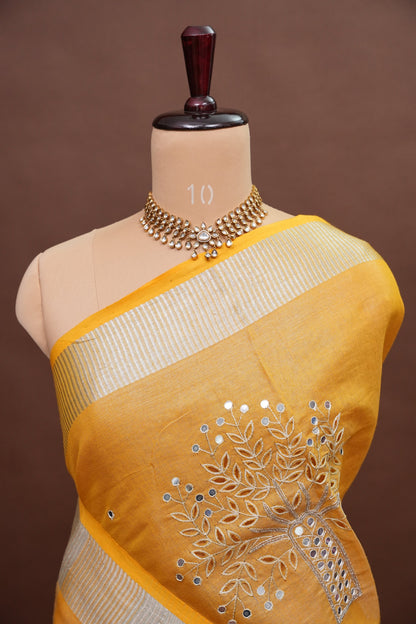 Hand Embroidered Pure Tissue Linen Silk Saree - Yellow