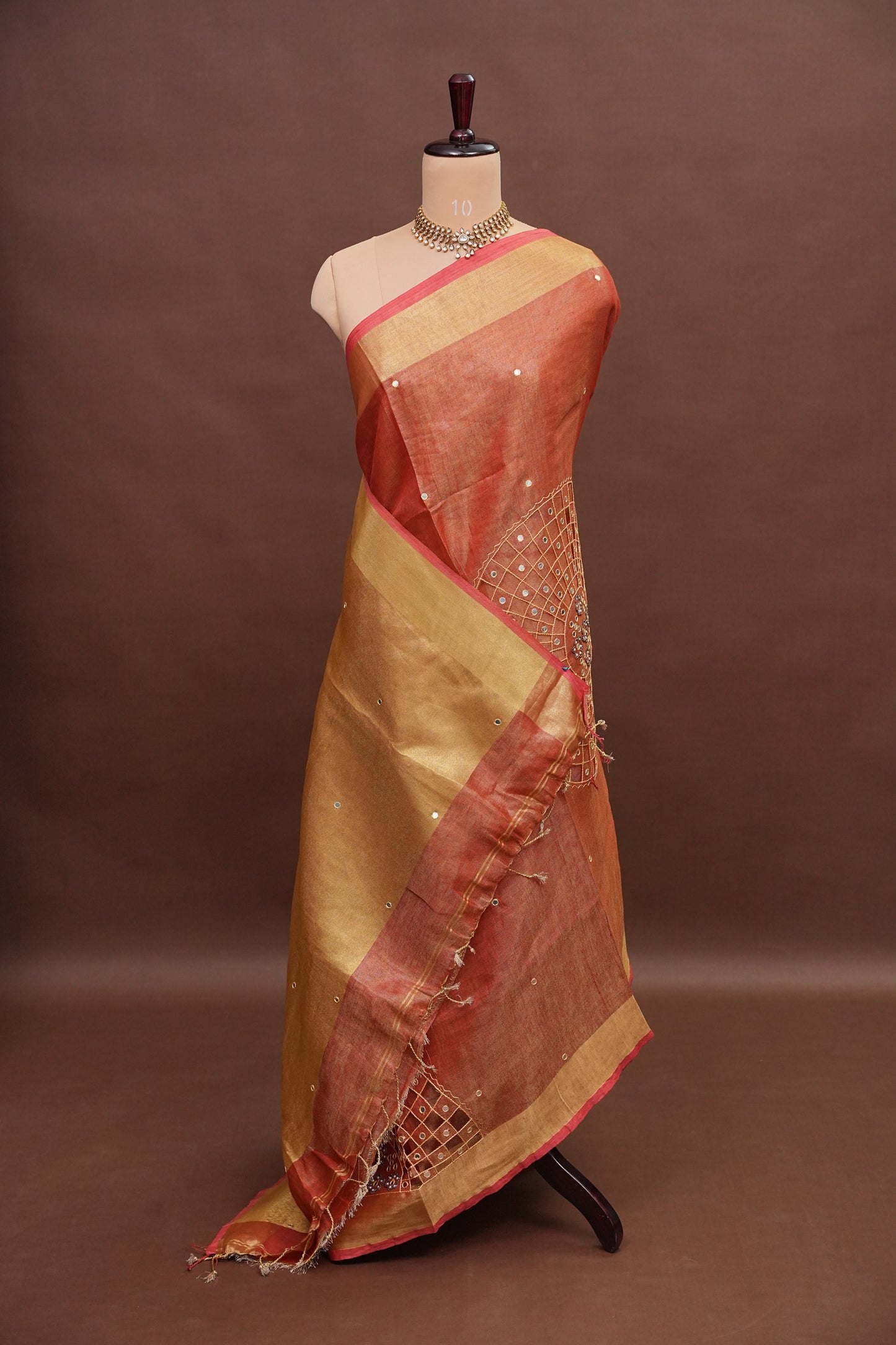 Hand Embroidered Pure Tissue Linen Silk Saree - Peach Orange