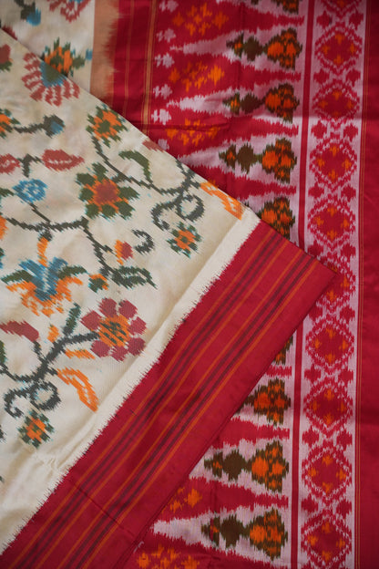 Pure Ikkat Soft Silk Saree - Off White & Red