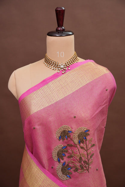 Hand Embroidered Pure Tissue Linen Silk Saree - Blush Pink