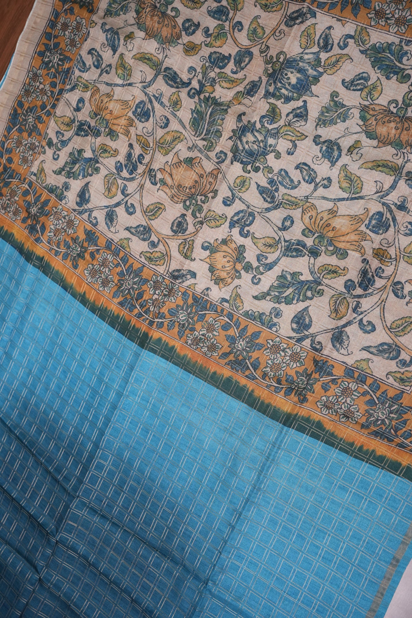 Semi Tussar Raw Silk Saree with Checkered Body & Kalamkari Pallu and Blouse – Sky Blue