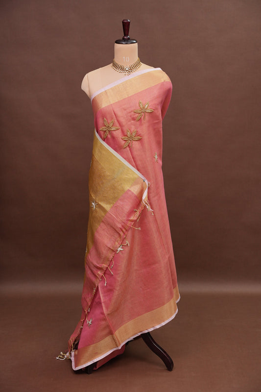 Hand Embroidered Pure Tissue Linen Silk Saree - Onion Pink & Gold