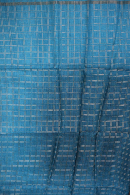 Semi Tussar Raw Silk Saree with Checkered Body & Kalamkari Pallu and Blouse – Sky Blue