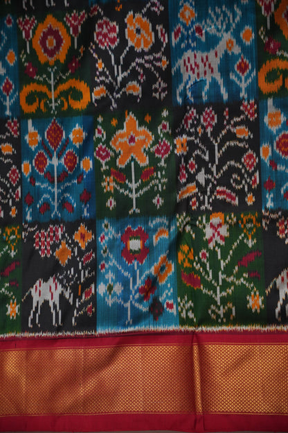 Pure Ikkat Soft Silk Saree - Black with Multicolor