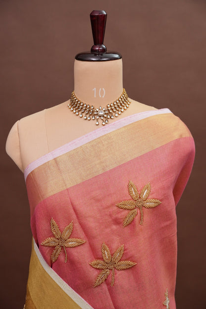 Hand Embroidered Pure Tissue Linen Silk Saree - Onion Pink & Gold