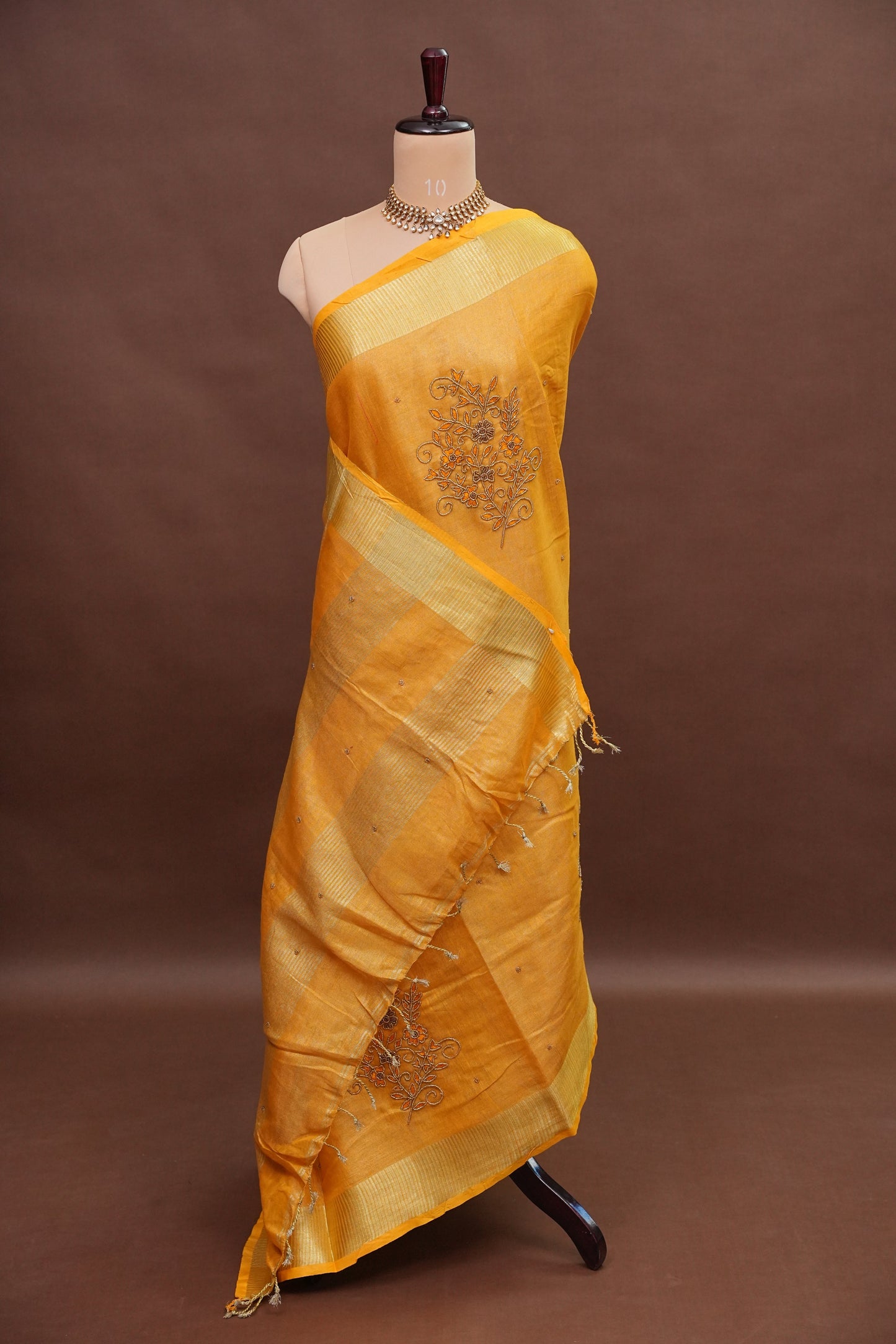 Hand Embroidered Pure Tissue Linen Silk Saree - Mustard Yellow