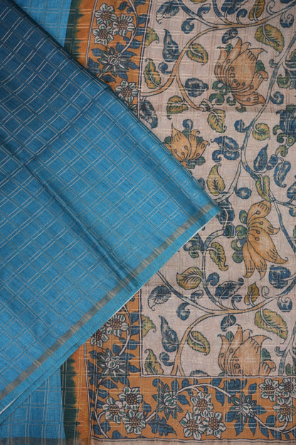 Semi Tussar Raw Silk Saree with Checkered Body & Kalamkari Pallu and Blouse – Sky Blue