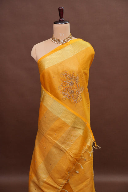 Hand Embroidered Pure Tissue Linen Silk Saree - Mustard Yellow