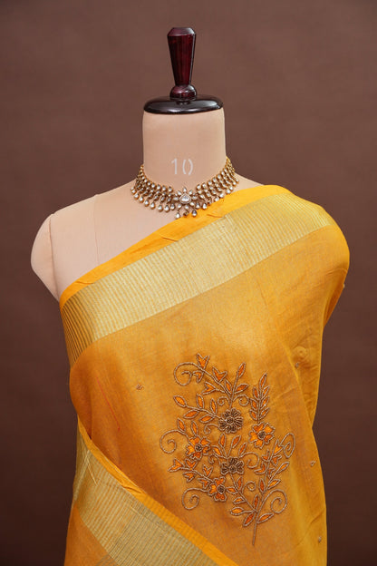Hand Embroidered Pure Tissue Linen Silk Saree - Mustard Yellow