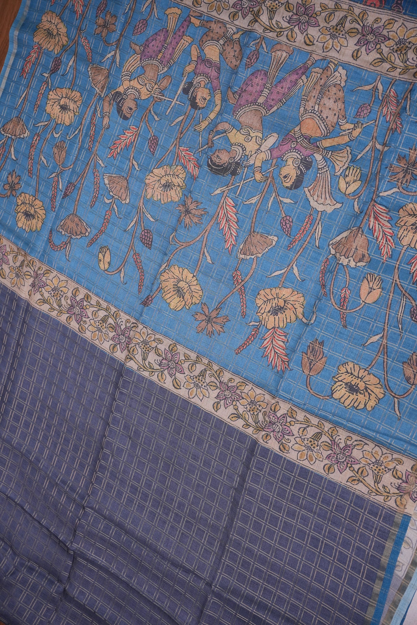 Semi Tussar Raw Silk Saree with Checkered Body & Kalamkari Pallu and Blouse – Dusty Pink