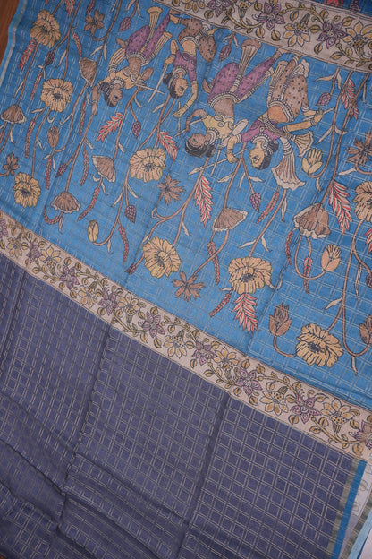 Semi Tussar Raw Silk Saree with Checkered Body & Kalamkari Pallu and Blouse – Dusty Pink