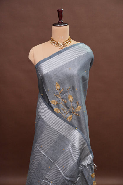 Hand Embroidered Pure Tissue Linen Silk Saree - Silver grey