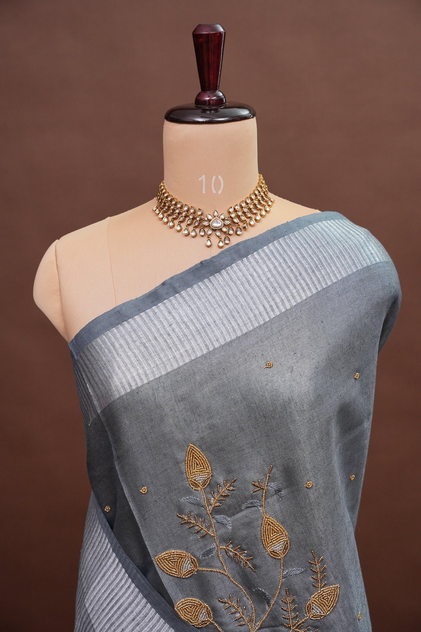Hand Embroidered Pure Tissue Linen Silk Saree - Silver grey
