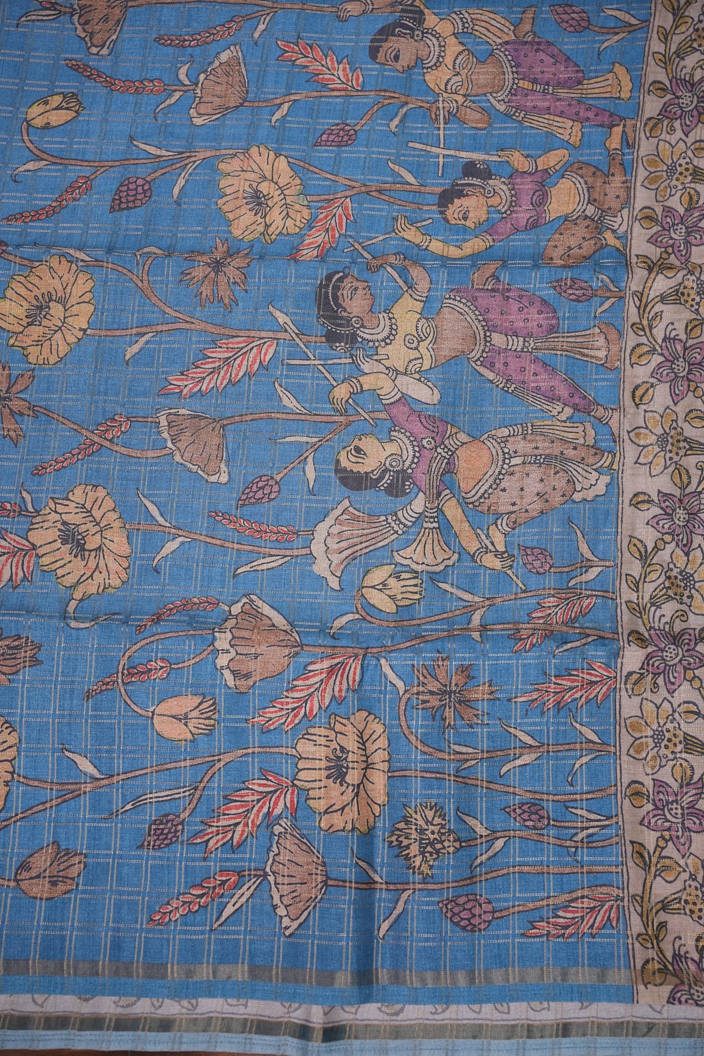 Semi Tussar Raw Silk Saree with Checkered Body & Kalamkari Pallu and Blouse – Dusty Pink