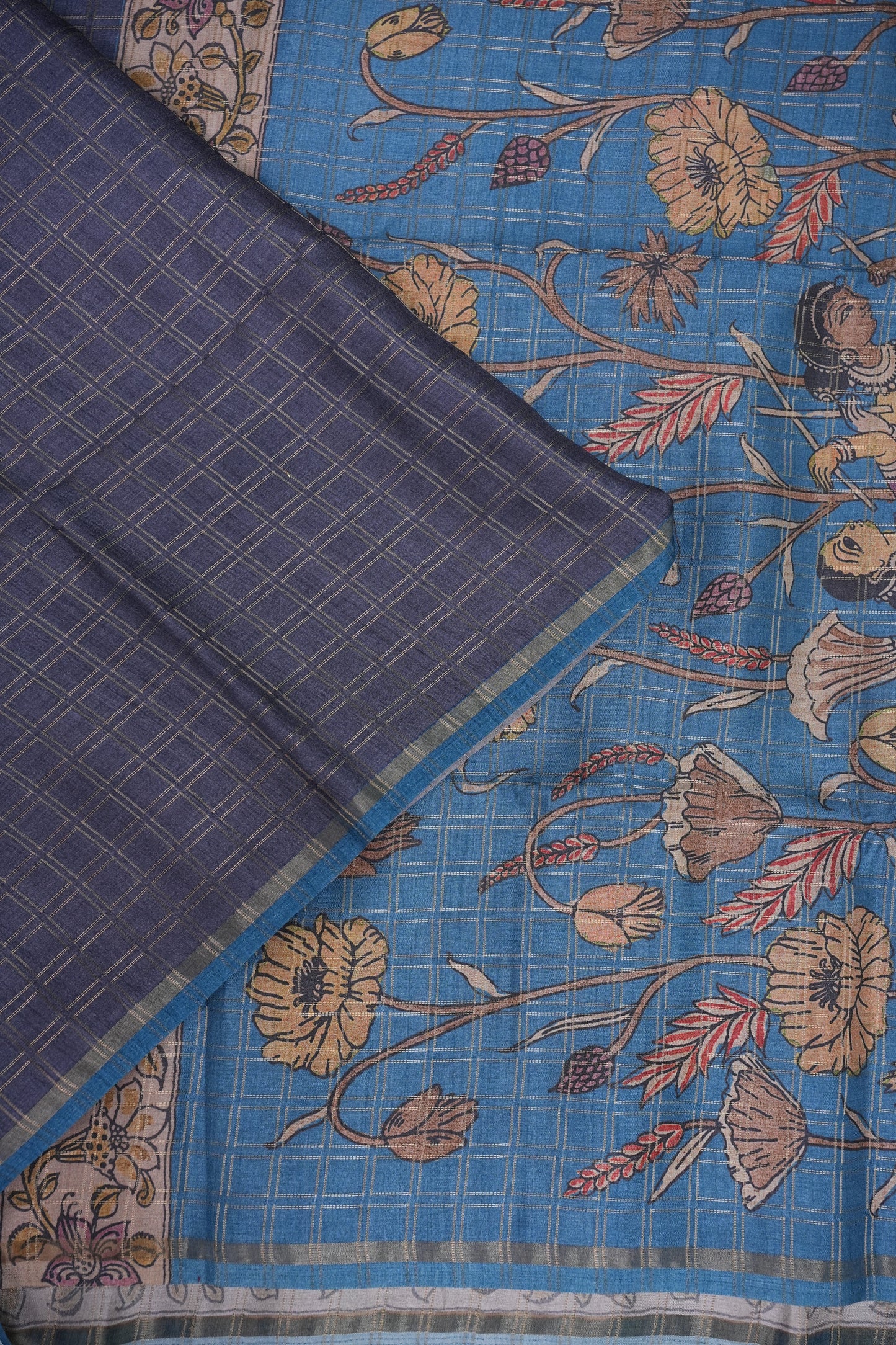 Semi Tussar Raw Silk Saree with Checkered Body & Kalamkari Pallu and Blouse – Dusty Pink