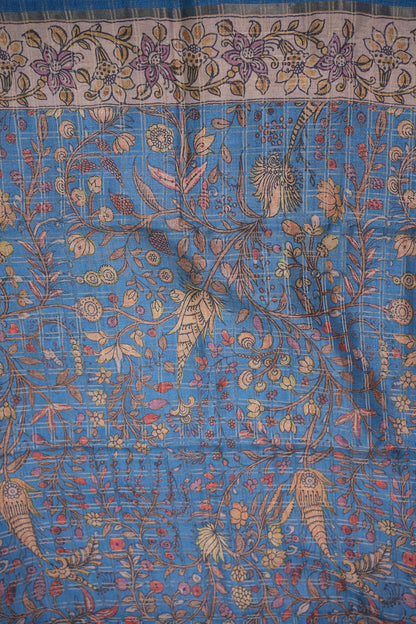 Semi Tussar Raw Silk Saree with Checkered Body & Kalamkari Pallu and Blouse – Dusty Pink