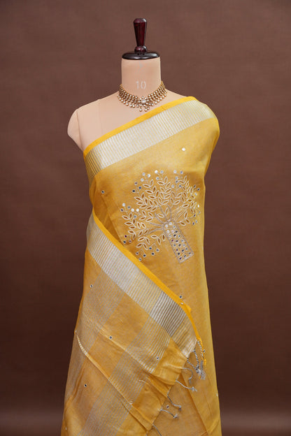 Hand Embroidered Pure Tissue Linen Silk Saree - Yellow