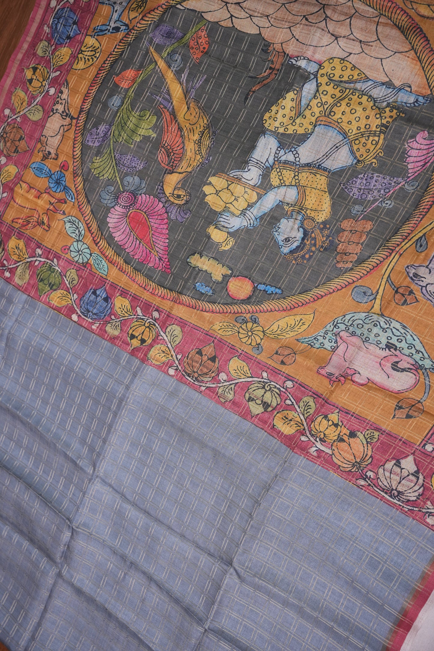 Semi Tussar Raw Silk Saree with Checkered Body & Kalamkari Pallu and Blouse – Dusty Pink