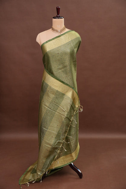 Hand Embroidered Pure Tissue Linen Silk Saree - Muted Olive Green