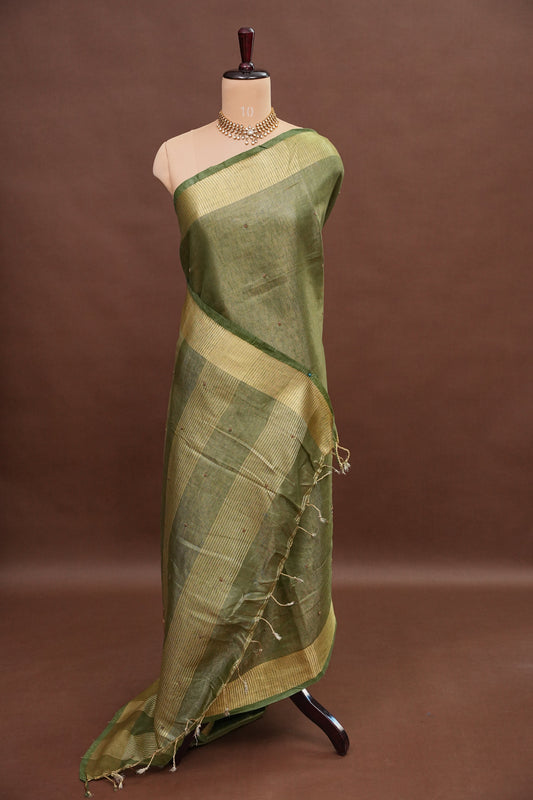 Hand Embroidered Pure Tissue Linen Silk Saree - Muted Olive Green