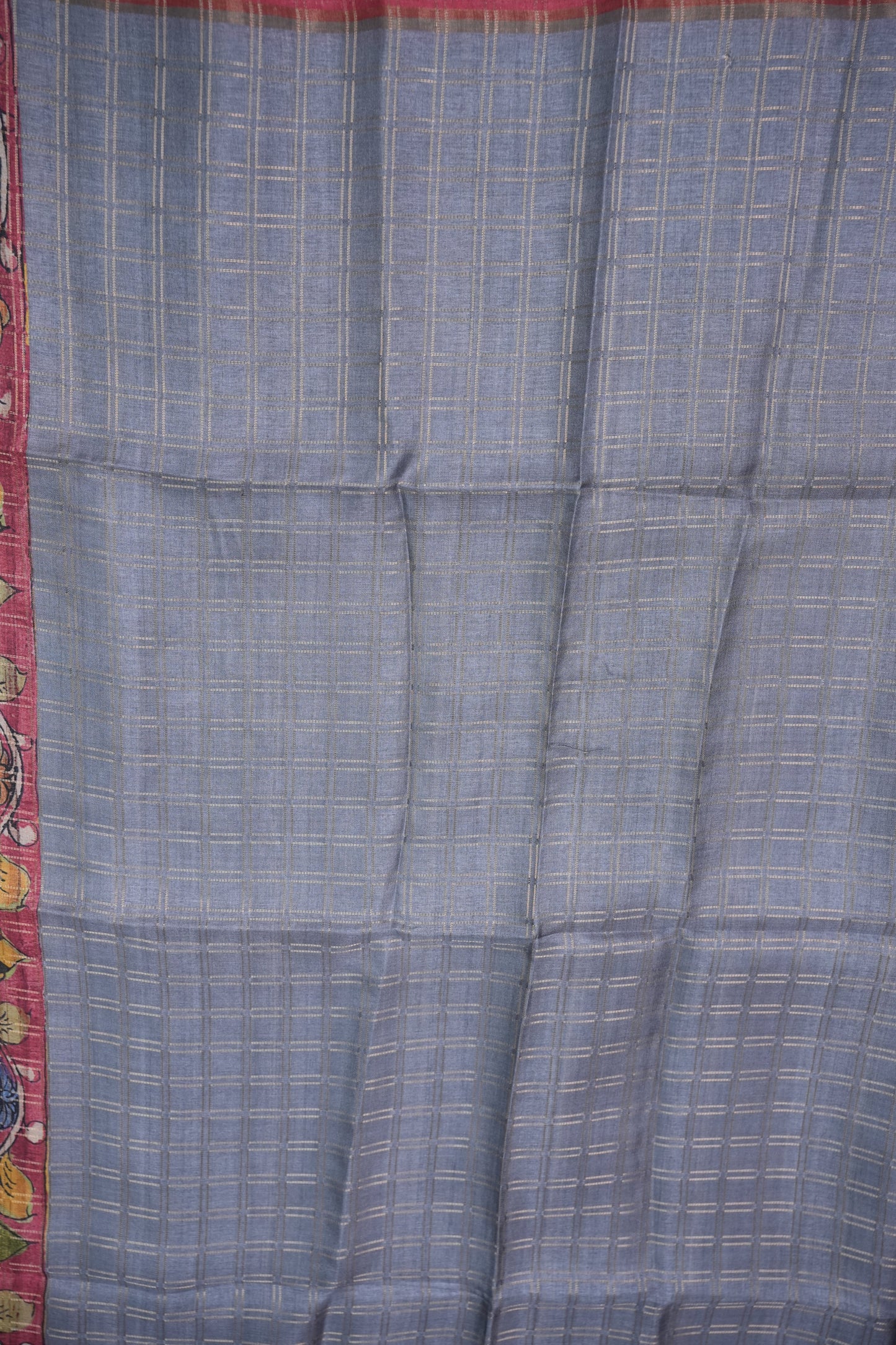 Semi Tussar Raw Silk Saree with Checkered Body & Kalamkari Pallu and Blouse – Dusty Pink