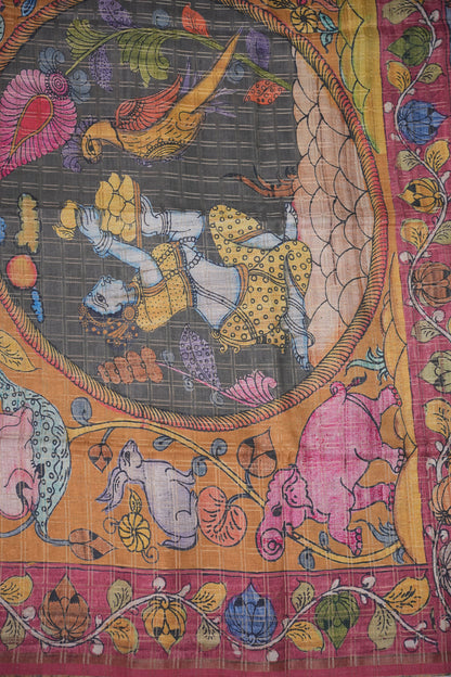 Semi Tussar Raw Silk Saree with Checkered Body & Kalamkari Pallu and Blouse – Dusty Pink